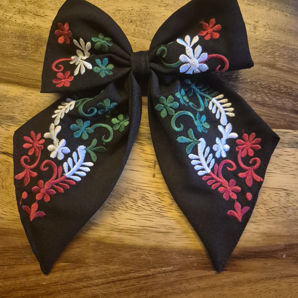 Embroidered Floral Black Bow